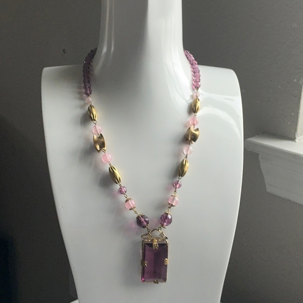 18” Vintage pink, purple, & gold toned beaded pendant